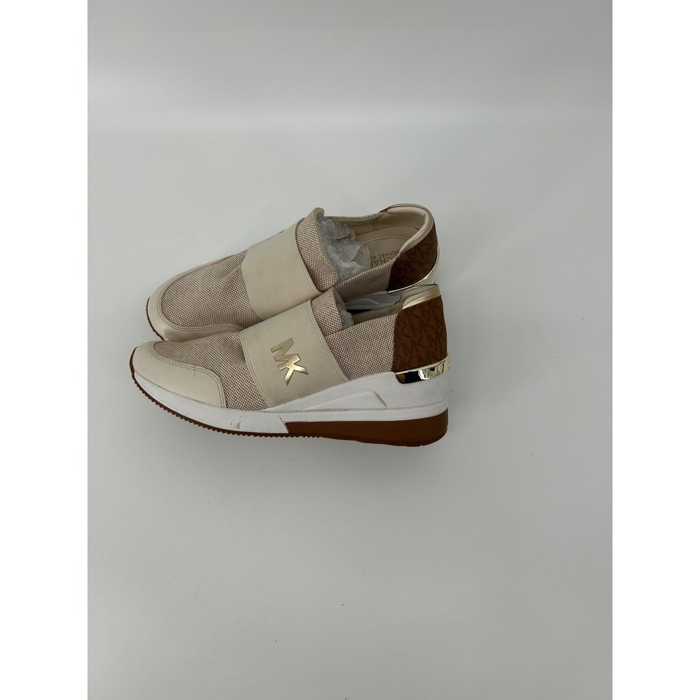 Michael Kors Bodie Slip-On Sneakers Cream Brown Gold MK Logo Trainers 10M